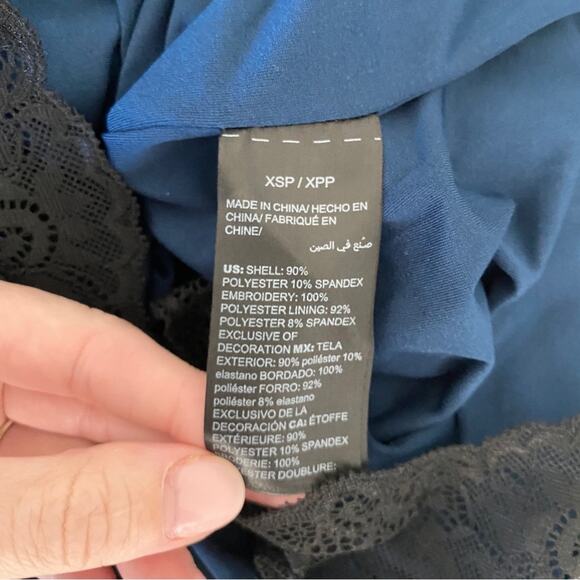 WHBM Teal Velvet Lace Trim Floral Embroidered Flounce Sleeve Dress XS Petite - Picture 10 of 11